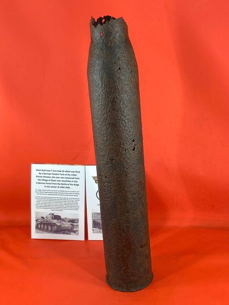 German steel shell case 7.5cm KwK42 nice straight neck solid condition fired by Panther tank of the 116th Panzer Division recovered in Mont near Houffalize ,Ardennes Forest, battle of the Bulge 1944-1945