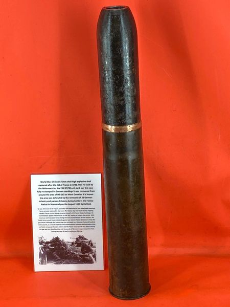 French 75mm complete shell dated 1917 re used as the PAK 97/38 anti-tank gun used by the German Army gun the brass shell case is fully re stamped in German markings dated 1944 recovered near the village of Trun in the Falaise Pocket, Normandy 1944