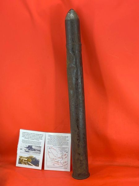 Complete armour piercing German 75 mm shell dated 1943 fired by PAK 40 anti tank gun in the Panzer Lehr Division it was recovered from a lake East of Bastogne in the Ardennes Forest from the Battle of the Bulge in the winter of 1944-45.