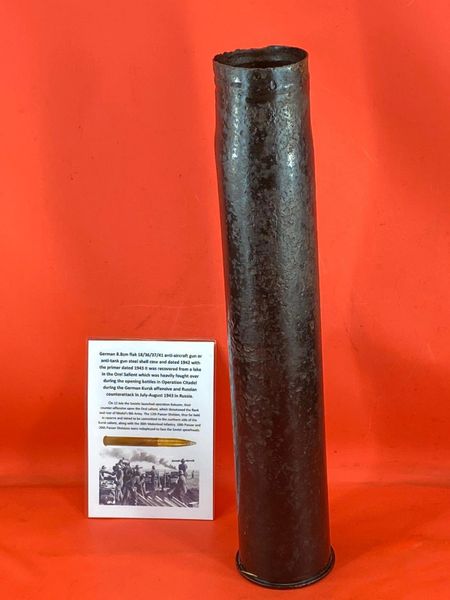 Fantastic condition semi-relic German flak 88mm steel shell case+ all maker markings dated 1942,waffen stamped recovered in the Orel Salient during the German Kursk offensive July-August 1943 in Russia.