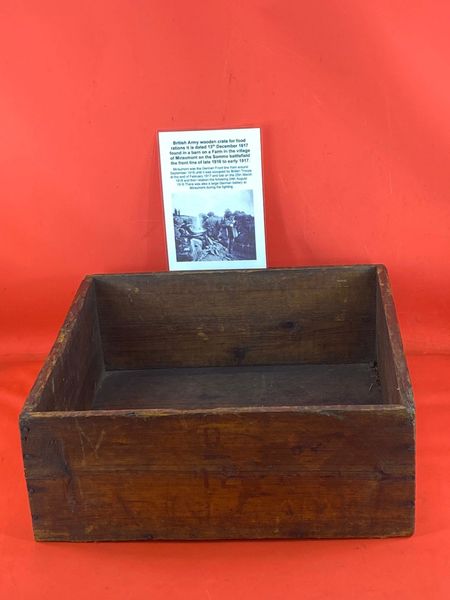 British Army wooden crate for food rations dated 13th December 1917 with maker markings recovered from a barn in the village of Miraumont on The Somme battlefield of late 1916-1917