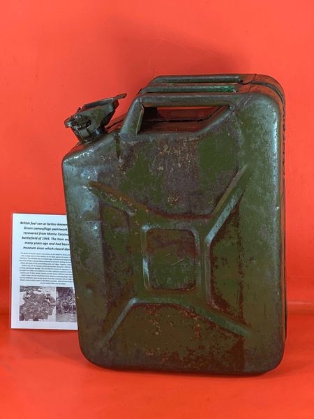 British fuel can or better known the famous Jerry can dated 1944,maker marked with original green camouflage paintwork from Museum closed down in 2015 on the battlefield at Monte Cassino in Italy