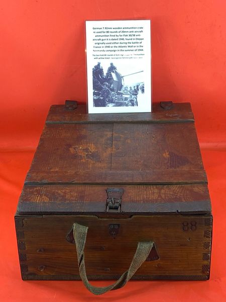 German ammunition wooden crate for 7.62mm bullets re used for 80 rounds of 20mm anti-aircraft ammunition maker marked dated 1940,nice condition found in Dieppe originally used in the Normandy campaign in the summer of 1944