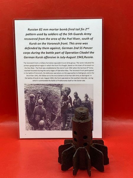 Russian 2nd pattern 82mm mortar bomb tail fin un damaged,lovely condition recovered from Psel River,south of Kursk defended by them against German 2nd SS Panzer corps during the German Kursk offensive in July-August 1943
