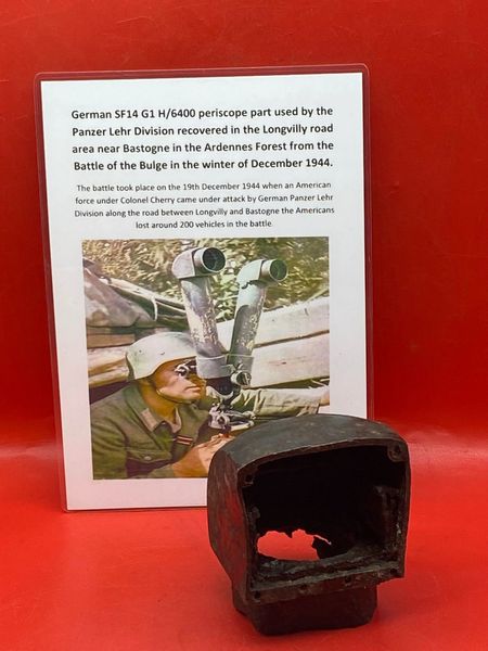 German SFH14 G1 H/6400 periscope [rabbit ear] part with original black painkwork used by the Panzer Lehr Division recovered in the area of the Longvilly road near Bastogne in the Ardennes Forest from battle of the Bulge 1944-1945