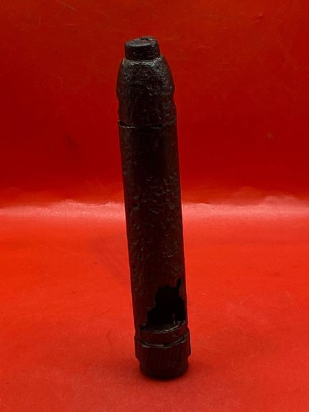 Complete German 98K schiebecher small high explosive rifle grenade with original paintwork remains used by soldier of 212 Volksgrenadier-Division recovered near town of osweiler, Luxemburg from the battle of the Bulge 1944-1945