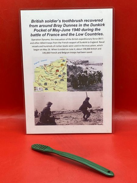 British soldiers toothbrush with maker markings recovered from Bray Dunnes area in the Dunkirk Pocket of May-June 1940 during the battle of France and the Low Countries
