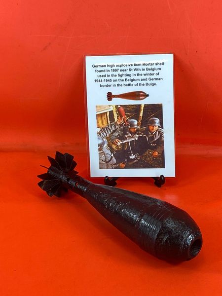 German complete high explosive 8cm Mortar shell lovely condition found in 1997 near St Vith in Belgium used in the fighting in the winter of 1944-1945 during battle of the Bulge