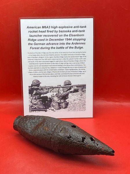 Very rare American M6A3 high explosive anti-tank rocket projectile fired by bazooka anti-tank rocket launcher recovered years ago from woods near the Elsenborn Ridge in the Ardennes Forest the battle of the bulge 1944-1945