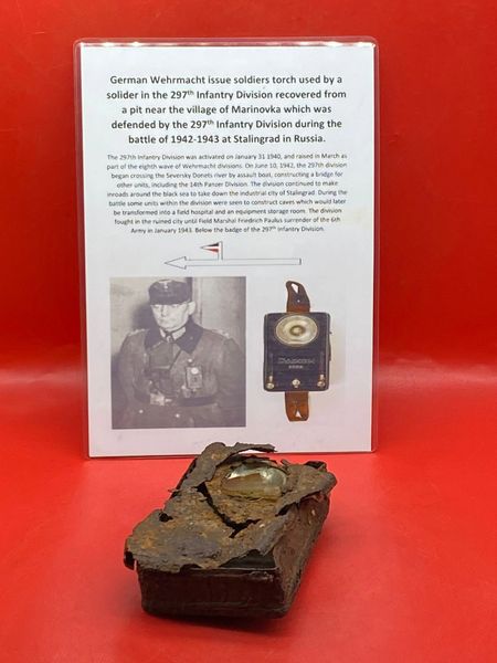 German Wehrmacht issue soldiers torch relic condition used by the 297th Infantry Division recovered in village of Marinovka defended by them during the battle of 1942-1943 at Stalingrad in Russia