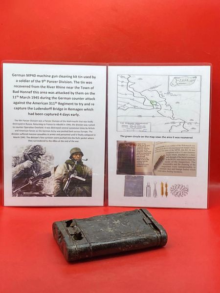 Extremely rare German MP40 machine gun cleaning kit tin lovely condition relic used by a soldier in 9th Panzer Division recovered from River Rhine at Bad Honnef, March 1945 battle the German counter attack on the Ludendorff Bridge in Remagen