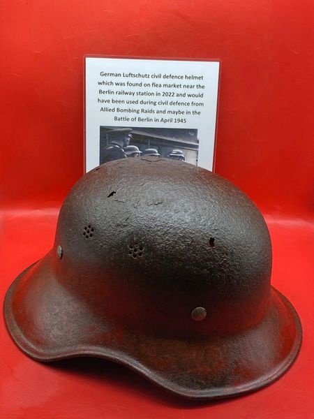 German Luftschutz civil defense helmet semi-relic condition with some original paintwork found on a flea market in Berlin from civil defense of the city during the war or the battle of April 1945