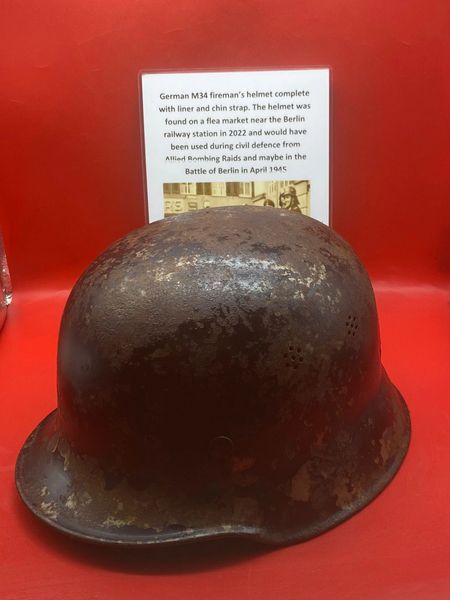 Fantastic condition and complete German M34 Policeman's or Fireman's steel helmet found on a flea market in Berlin April 1945 battle