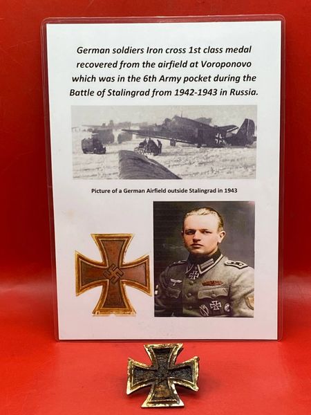German iron cross 1st class medal nice solid relic with original swastika and center section in place and original colours recovered from the airfield at Voroponovo which was in the 6th Army pocket during the Battle of Stalingrad from 1942-1943 in Russia.