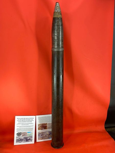 Lovely complete German 76.2mm anti tank gun shell,steel case,fuse dated 1944 maker marked recovered in German ammunition storage bunker used by SS Nordland Division,1944 Narva Battle in Estonia, untouched until recovered in 2022+dig pictures