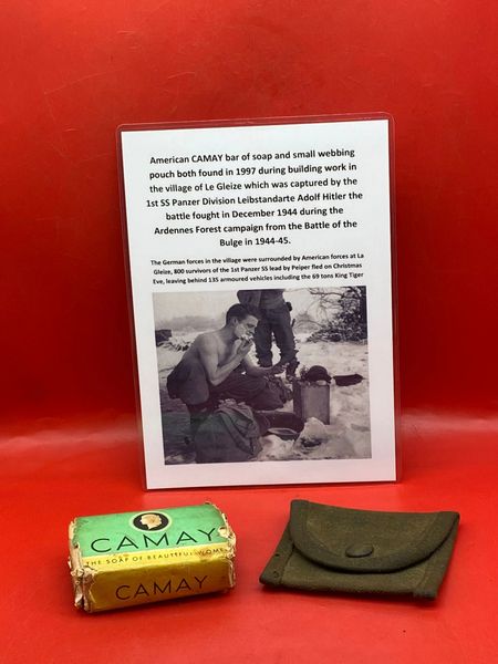 American CAMAY bar and small webbing pouch found in 1997 during building works in village of Le Gleize,captured by the 1st SS Panzer Division Leibstandarte Adolf Hitler in December 1944 during the Ardennes Forest