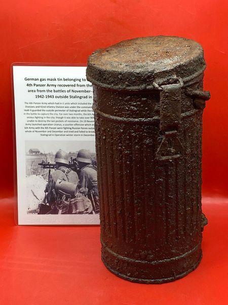 German soldiers gas mask tin solid relic condition,some original paintwork used by a soldier of the 4th Panzer Army recovered on the Dom river area from the battles of November- December 1942 outside Stalingrad
