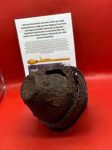German Panzerfaust anti-tank rocket war head solid relic near complete recovered from a field near Trun a pit dug by the allies where lots of German equipment buried after the battle in the Falaise Pocket, Normandy in France 1944