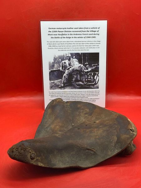 German motorcycle leather seat with maker markings taken from a motorcycle in 116th Panzer Division recovered from near Houffalize in the Ardennes forest,1944-1945
