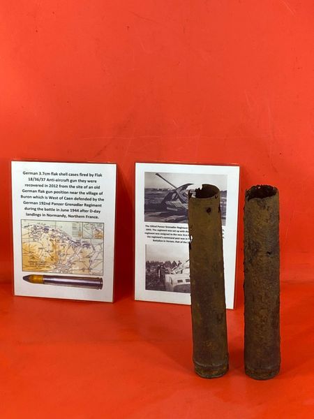 Pair of German 3.7cm flak shell cases,relic condition fired by Flak 18/36/37 Anti-aircraft gun they were recovered in 2012 from the site of an old German flak gun position near the village of Buron which is West of Caen from D-Day landings June 1944