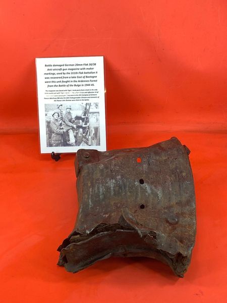 Lovely condition battle damaged German 20mm Flak 30/38 Anti-Aircraft gun magazine which is not complete with black paintwork remains,markings,belonging to Luftwaffe 311th Flak battalion recovered from a Lake near Bastogne,battle of the Bulge 1944-1945