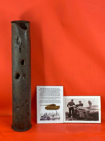 Rare battle damaged Steel shell case 8.8cm KwK36,L/56 fired by German Tiger 1 Tank in Panzer-Division Müncheberg from possibly one of the last 5 tigers ever sent to Eastern front recovered in the Werbig area,Seelow heights defended by them in April 1945