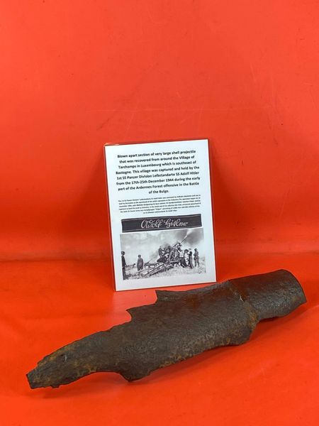 German exploded shell blown apart large projectile fragment fired by 1st SS Panzer Division Leibstandarte SS Adolf Hitler, recovered from Tarchamps area in Luxembourg near Bastogne,attacked and held by them from 17th-25th December 1944 in battle of Bulge