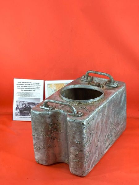 Italian Army field kitchen cooking pot maker marked Milan with original colours captured and re used by Soldiers in the 14th Panzer corps recovered from the Liri River in 2020 on the Adolf Hitler line of May 1944 in Italy.
