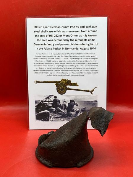 Blown apart German 75mm pak 40 shell case base recovered from area of Hill 262 or Mont Ormel better known, battle in the Falaise Pocket in Normandy on the August 1944 Battlefield.