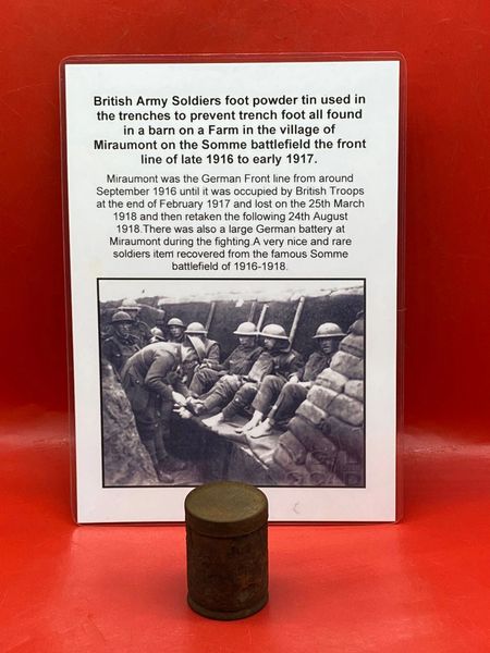 Rare complete British soldiers foot powder tin complete with contents and has some labels left partly readable markings found in a barn in the village of Miraumont on The Somme battlefield of late 1916-1917