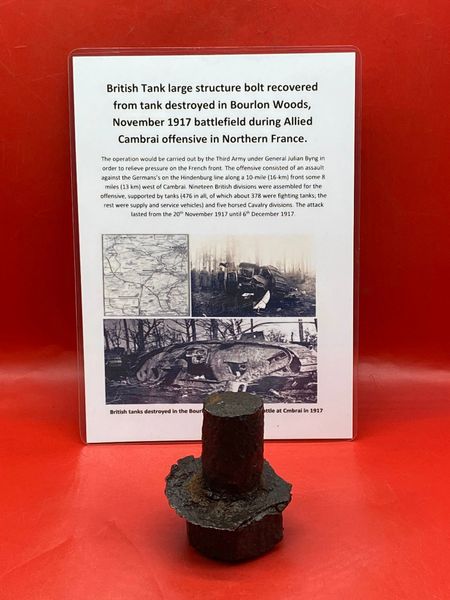 Very rare British tank large bolt with nut attached recovered from the site of destroyed tank in Bourlon Woods the November 1917 battle part of the Allied Cambrai offensive