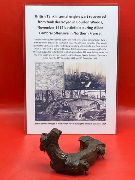 Very rare British tank internal engine part a pipe bracket recovered from the site of destroyed tank in Bourlon Woods the November 1917 battle part of the Allied Cambrai offensive