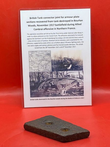 Very rare British tank connector joint for armour plate sections recovered from the site of destroyed tank in Bourlon Woods the November 1917 battle part of the Allied Cambrai offensive