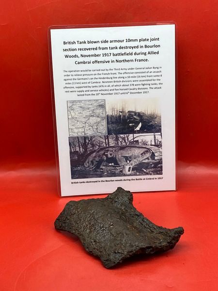 Very rare British tank blown armour plate section 10mm thick side armour with some white paint remains recovered from the site of destroyed tank in Bourlon Woods the November 1917 battle part of the Allied Cambrai offensive