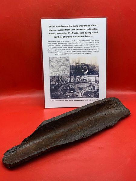 Very rare British tank rounded blown armour plate section 10mm thick side armour with some red paint remains recovered from the site of destroyed tank in Bourlon Woods the November 1917 battle part of the Allied Cambrai offensive