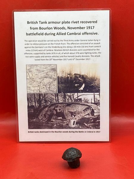 Very rare British tank complete armoured plate rivet recovered from Bourlon Woods the November 1917 battle part of the Allied Cambrai offensive
