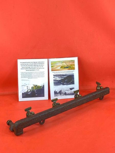 Totally rare gas pipework section from large gas realise system with brass taps maker marked,recovered in 2014 from the field in front of Lochnagar mine crater which was the British frontline trench on the 1st July 1916 on the Somme battlefield in France