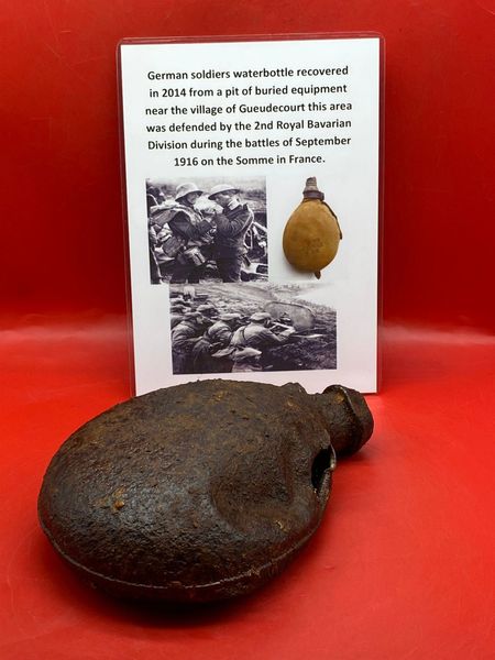 German soldiers battle damaged water bottle nice relic recovered 2014 from pit of buried equipment near the village of Gueudecourt defended by the 2nd Royal Bavarian Division during the battles of September 1916 on the Somme