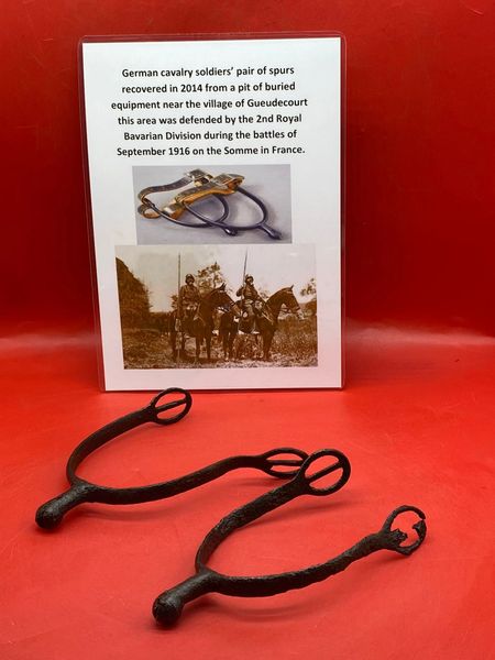 German cavalry soldiers pair of spurs a bit bent but lovely condition relic recovered 2014 from pit of buried equipment near the village of Gueudecourt defended by the 2nd Royal Bavarian Division,battles of September 1916,Somme