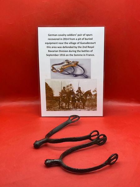 German cavalry soldiers pair of spurs only very slightly bent but lovely condition relic recovered 2014 from pit of buried equipment near the village of Gueudecourt defended by the 2nd Royal Bavarian Division,battles of September 1916,Somme