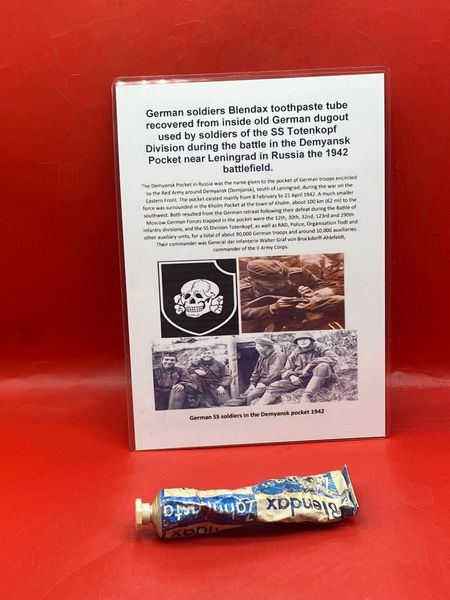 German Blendax toothpaste tube still full used by soldiers in the SS Totenkopf Division recovered from old German SS dugout in the Demyansk Pocket near Leningrad in Russia,1942 battlefield