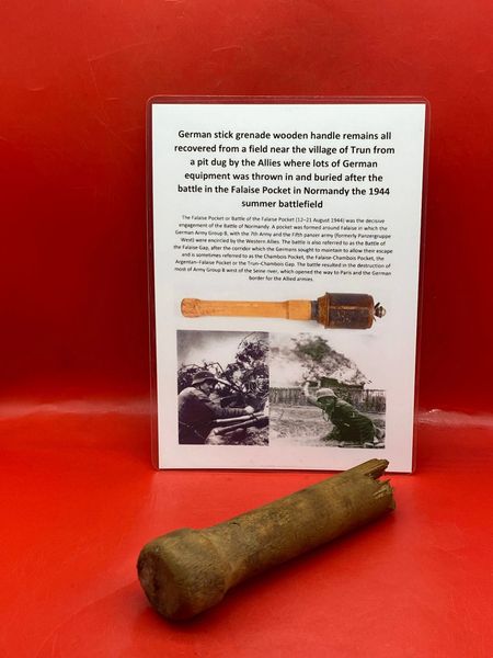 German M43 stick grenade wooden handle bottom section recovered from a field near Trun a pit dug by the allies where lots of German equipment buried after the battle in the Falaise Pocket, Normandy in France 1944