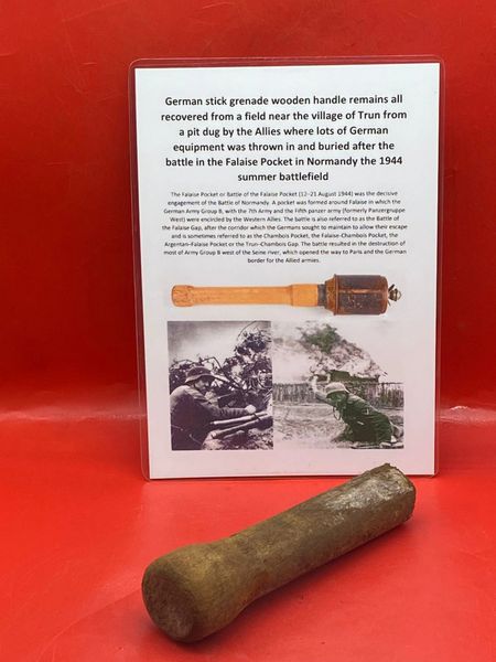 German M43 stick grenade wooden handle bottom section recovered from a field near Trun a pit dug by the allies where lots of German equipment buried after the battle in the Falaise Pocket, Normandy in France 1944
