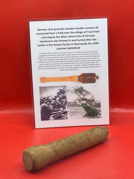 German M43 stick grenade wooden handle a longer bottom section recovered from a field near Trun a pit dug by the allies where lots of German equipment buried after the battle in the Falaise Pocket, Normandy in France 1944