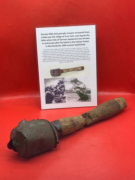 Rare German near complete M24 stick grenade with green paintwork,dated 1944 nice solid relic recovered from a field near Trun a pit dug by the allies where lots of German equipment buried after the battle in the Falaise Pocket, Normandy in France 1944