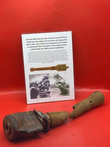 Rare German near complete M43 stick grenade with sand colour paintwork, nice solid relic recovered from a field near Trun a pit dug by the allies where lots of German equipment buried after the battle in the Falaise Pocket, Normandy in France 1944