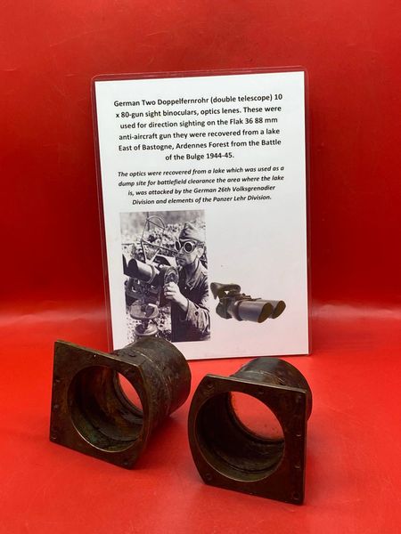 German 2x Doppelfernrohr [double telescope] 10x80 gun sight binoculars optic lens nice semi-relic condition recovered from a lake East of Bastogne in the Ardennes Forest from the Battle of the Bulge in the winter of 1944-45.