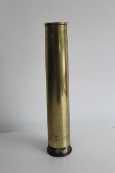German 3.7cm Pack 36 anti-tank gun brass & steel two piece shell case, partially relic condition. Dated 1937. With Waffenamt stamp. Found on a Brocante in Arras France
