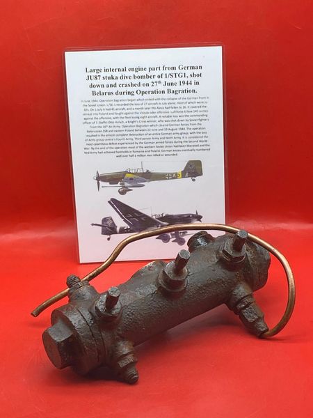 Large internal engine part with part number and original green paintwork from German JU87 stuka dive bomber of 1/STG1, shot down and crashed on 27th June 1944 in Belarus during Operation Bagration.