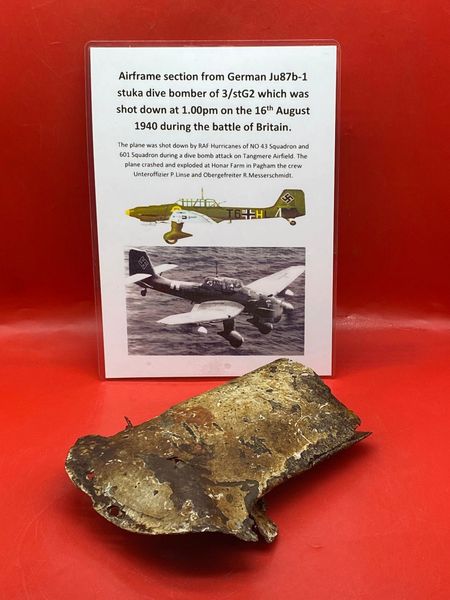 Very rare aluminium airframe section with lots of original paintwork from German Ju87b-1 stuka dive bomber shot down on the 16th August 1940 which crashed at Pagham during battle of Britain